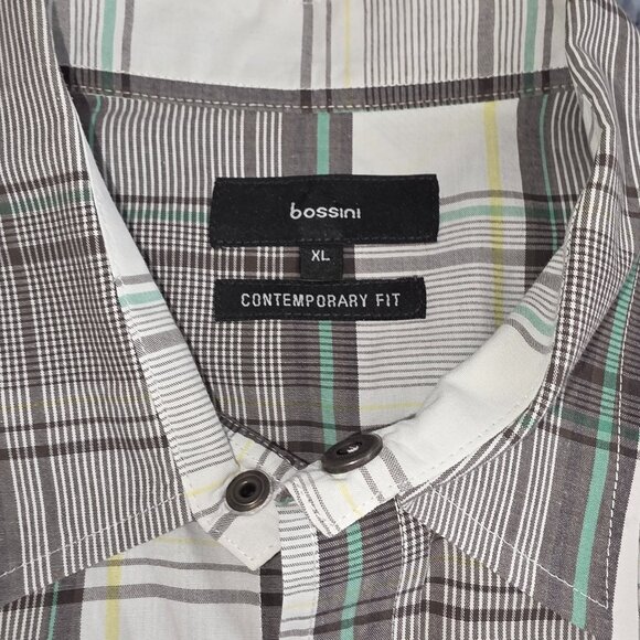 BOSSINI CONTEMPORARY FIT MENS XL GRAY, GREEN AND WHITE PLAID SHORT SLEEVE SHIRT - Picture 7 of 11
